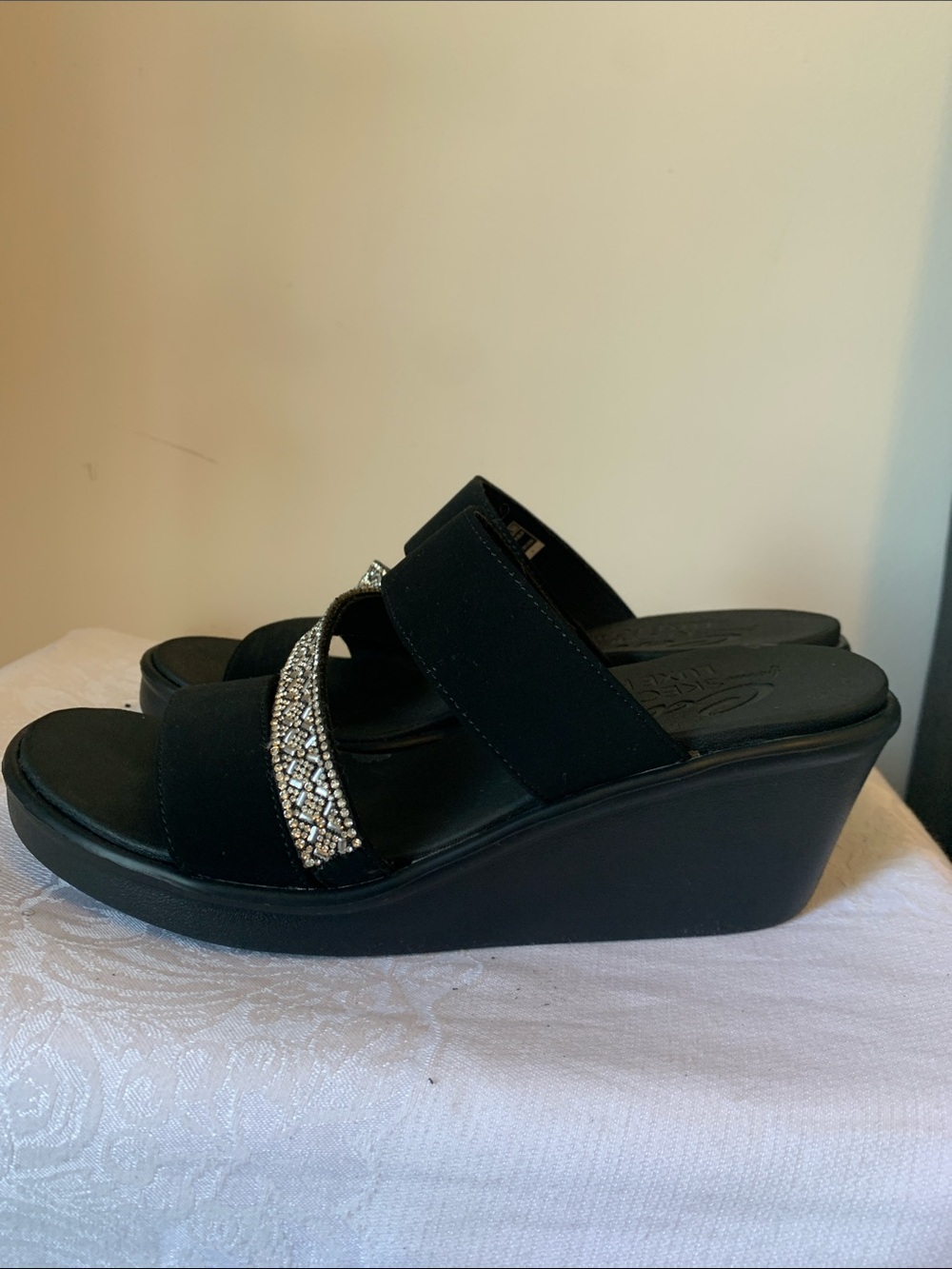 Skechers Black Slide Sandals with Beaded Accent Strap